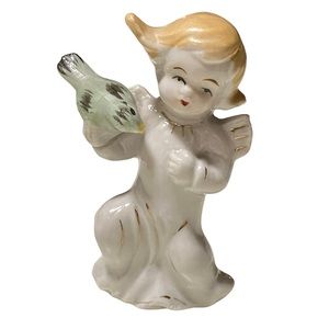 Vintage Made in Japan Porcelain Angel with Green Bird Figurine